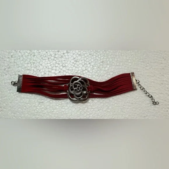 Red Leather Bracelet with Silver Floral Accent - Picture 2 of 5